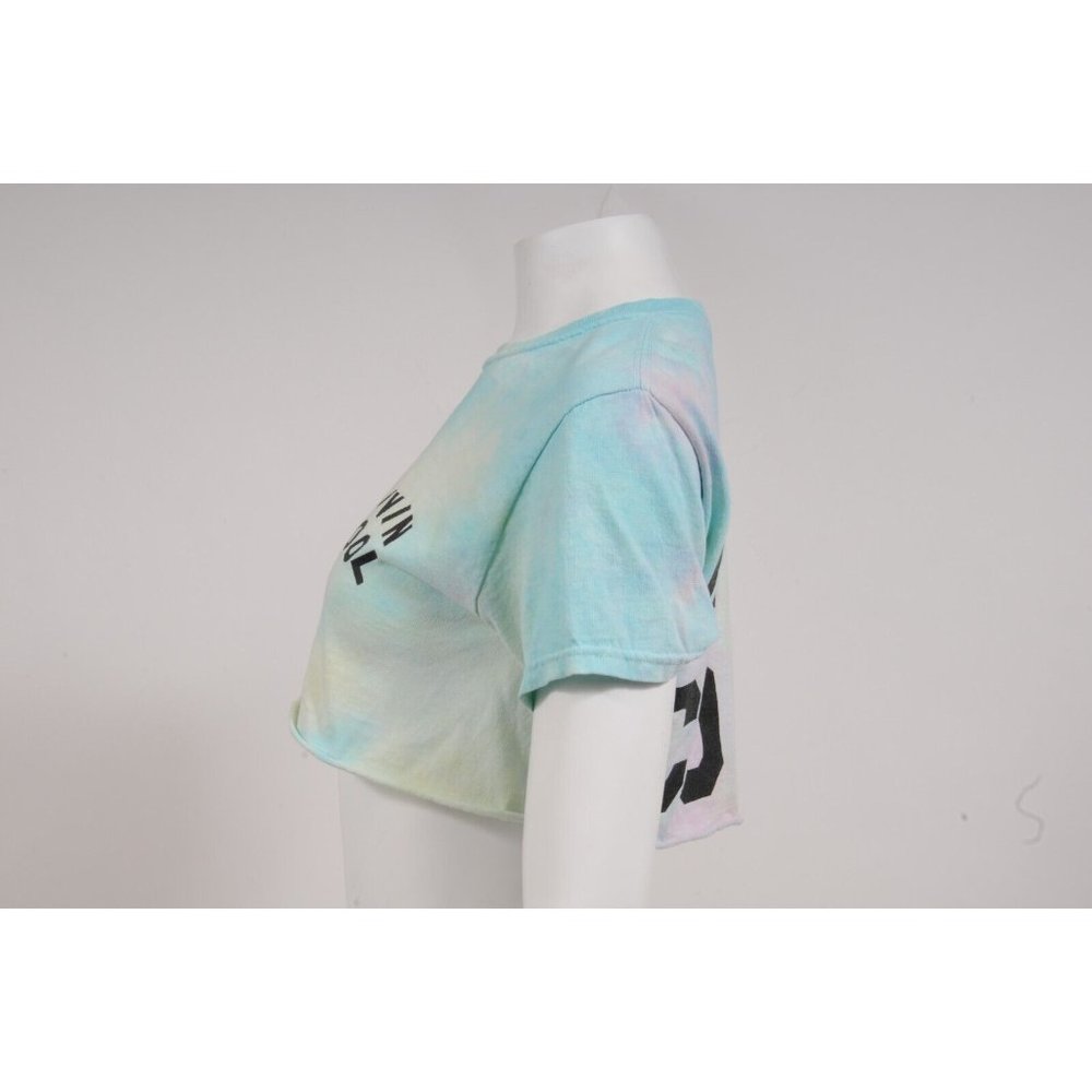 Livin Cool Womens Crop Top Size Small Blue Yellow Tie Dye Cotton T Shirt Raw Hem - Picture 6 of 7